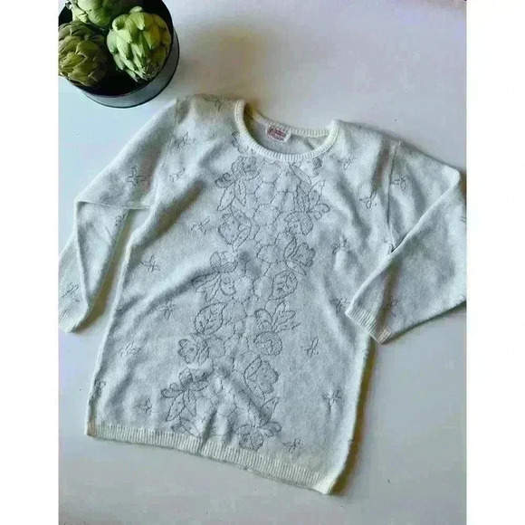 1980’s Beldoch Popper pullover‎ sweater white tinsel floral loose small medium - Picture 5 of 8